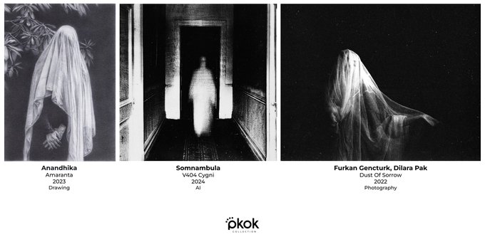 Three spooky black and white art pieces featuring ghostly figures, credited to Anandhika ('Amaranta', 2023), Somnambula ('Welch Cygni', 2024, AI), and Furkan Gencturk, Dilara Pak ('Dust Of Sorrow', 2022), from ØKOK Collection.