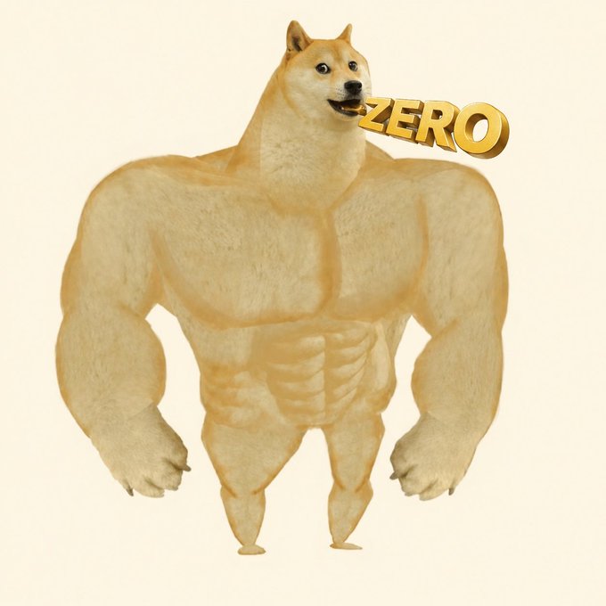 A humorous illustration of an extremely muscular, anthropomorphic Shiba Inu (Doge) dog with the word 'ZERO' in gold text near its mouth, referencing the Dogecoin community meme.