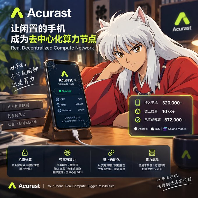 An anime-style advertisement for 'Acurast' featuring the tagline 'Real Decentralized Compute Network' and 'Your Phone. Real Compute. Bigger Possibilities.', showing a white-haired anime character with a smartphone display of compute node stats.