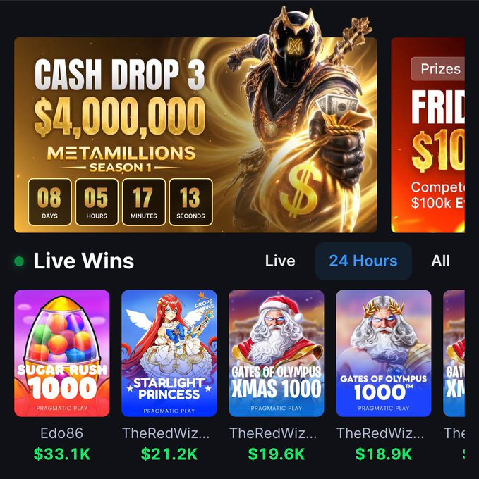 A screenshot from MetaWin's online casino platform displays a "Cash Drop 3: MetaMillions Season 1" promotion featuring a $4,000,000 prize pool with a countdown timer showing 8 days, 5 hours, 17 minutes, and 13 seconds remaining, alongside a Live Wins section highlighting recent winners playing games like Sugar Rush 1000, Starlight Princess, and Gates of Olympus Xmas 1000 with winnings ranging from $18.9K to $33.1K. The image directly supports the post by visually showcasing the $4M MetaMillions airdrop promotion on the MetaWin gambling site that the announcement promotes.