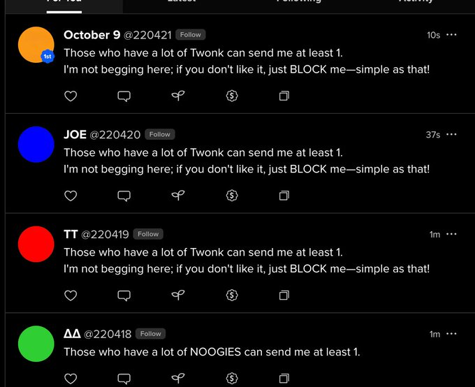 A Twitter/X feed showing identical posts from users October 9 (@220421), JOE (@220420), and TT (@220419) asking people with lots of Twonk to send at least 1, plus a similar post from AA (@220418) asking for NOOGIES.