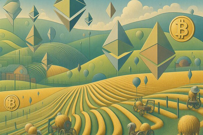 A colorful illustrated landscape featuring golden wheat fields, floating Ethereum diamond logos, and Bitcoin (₿) symbols in the sky, with vintage tractors in the foreground.