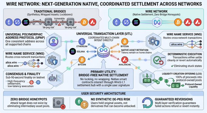 An infographic titled 'WIRE NETWORK: NEXT-GENERATION NATIVE, COORDINATED SETTLEMENT ACROSS NETWORKS' compares traditional bridges with the Wire Network, highlighting features like UPAP, WNS, and Zero Bridge Honeypots.