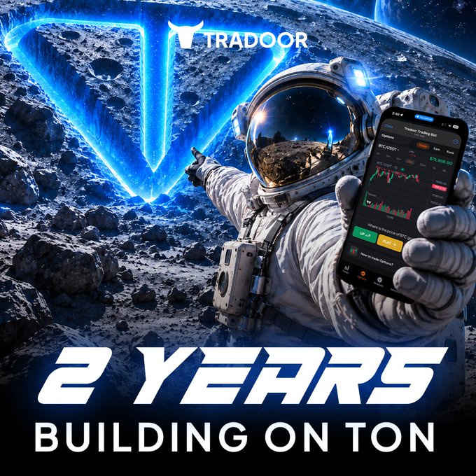 Promotional graphic for Tradooor celebrating '2 YEARS BUILDING ON TON', featuring an astronaut holding a smartphone with the trading app interface, set against a space background.