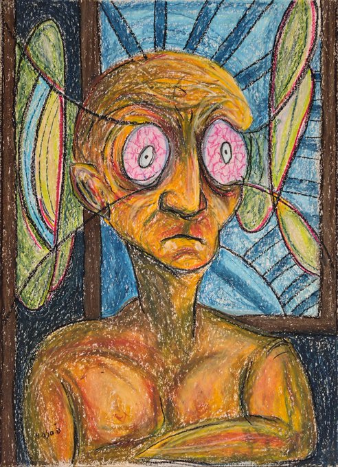 A colorful, crayon-style drawing depicts a wide-eyed, bald humanoid figure with pink, bloodshot eyes and a melancholic expression, set against a blue background with green leaf-like shapes. The artwork's unsettling, anxious mood visually echoes the post's theme of yearning for "fresh air," likely as part of an artist's NFT collection titled "addiction" on objkt.