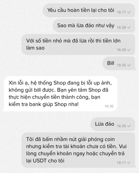 A Vietnamese-language chat conversation where a user accuses a shop of scamming after a failed transaction involving USDT.