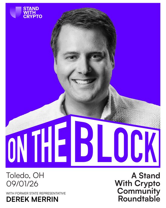 The image is a promotional flyer for the "Stand With Crypto" community roundtable event "On The Block," featuring a black-and-white portrait of former Ohio State Representative Derek Merrin against a purple background. The flyer announces the Toledo, OH event on 09/01/26, visually reinforcing the post's details about Derek Merrin joining the September 1, 2026 roundtable to discuss crypto's role in local communities and small businesses.