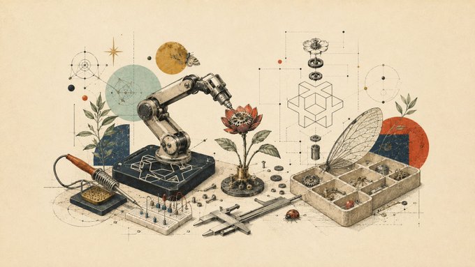 A surreal illustration features a robotic arm delicately assembling a mechanical flower, surrounded by technical diagrams, tools like calipers and a soldering iron, a compartmentalized box containing ladybugs and mechanical parts, and scattered gears and geometric sketches—evoking a fusion of biology, engineering, and AI craftsmanship. The image mirrors Paxeer's evolution from a high-performance EVM L1 into a broader infrastructure layer for the machine economy, where AI agents and autonomous services are being meticulously engineered to coordinate, execute, and transact.