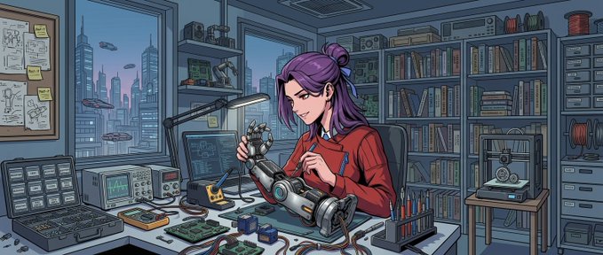 A purple-haired woman in a red sweater works intently at a cluttered workbench, assembling a robotic hand with a servo motor while surrounded by circuit boards, a 3D printer, bookshelves, and a futuristic city skyline. The image visually reinforces the post's theme of robotics engineering, depicting the hands-on tech work behind the Axis Robotics update that bridges browser and physics stacks.