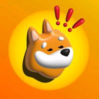 A 3D Shiba Inu dog emoji (the doge meme) with red exclamation marks above it, set against an orange sun-like background.