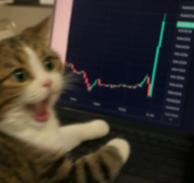 A shocked-looking cat with its mouth open and paws raised, seemingly reacting to a steep upward green candlestick chart on a laptop screen.