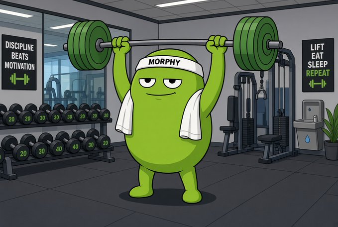 A cartoon green character wearing a 'MORPHY' headband and lifting a green barbell in a gym, surrounded by motivational posters reading 'DISCIPLINE BEATS MOTIVATION' and 'LIFT EAT SLEEP REPEAT.'