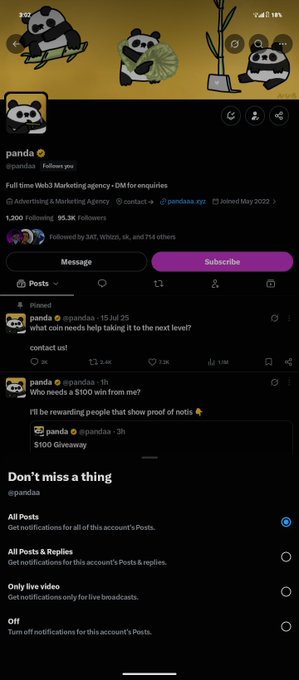A screenshot of a Threads profile page for 'panda' (@pandasaa), a 'Full time Web3 Marketing agency - DM for enquiries' advertising and marketing agency, showing pinned posts including 'what coin needs help taking it to the next level?' and 'Who needs a $100 win from me?' with a $100 giveaway.