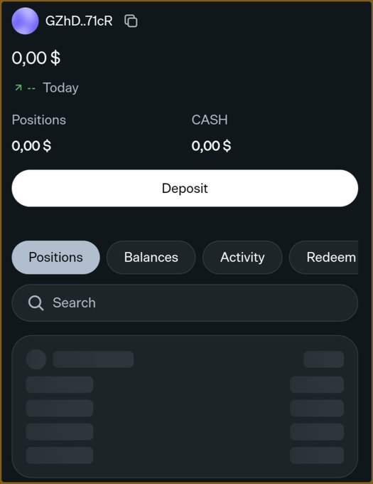 A trading app screenshot showing an account (GZHD..71cR) with $0.00 balance in both Positions and CASH, displayed on the Positions tab with empty rows below. The image illustrates the user's complaint that after depositing USDC, their funds disappeared, as the dashboard now shows zero balance.