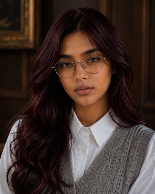 A portrait of a young woman with long wavy burgundy hair, wearing round wire-frame glasses, a white collared shirt, and a grey sweater vest.
