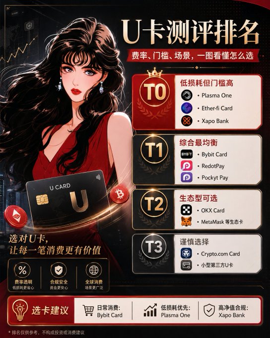 A promotional graphic titled 'U卡测评排名' ranking various crypto cards like Plasma One, Ether-fi Card, Xapo Bank, Bybit Card, and others in tiers T0 through T3, featuring an illustrated woman in a red dress.