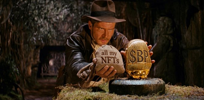 A parody image of Indiana Jones replacing an idol with a golden egg marked '$BP', while holding a stone that reads 'all my NFTs', referencing the film's famous scene.