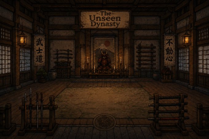 The image shows an old wooden room with a large banner that reads "TheUnseen Dynasty", indicating its connection to a dark NFT collection named "TheUnseen" deployed on Ethereum. The room contains various items, including swords, knives, and other weapons, suggesting it is a space for warriors or collectors of medieval weaponry. The image also includes Japanese characters, which could be related to the room's history or the culture surrounding it.