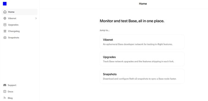 The image shows the Base developer dashboard at chain.base.org, featuring a navigation menu with sections for Home, Vibenet, Upgrades, Changelog, and Snapshots, alongside a "Jump to..." section highlighting Vibenet (an ephemeral Base developer network), Upgrades (tracking Base network upgrades), and Snapshots (for downloading Reth v2 snapshots to sync a Base node). This dashboard illustrates the Base team's quiet developer-focused infrastructure work mentioned in the post, showcasing their shipping of tools like Vibenet devnet and node snapshot resources.