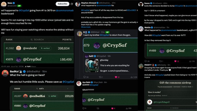 The image is a collage of social media posts discussing the cryptocurrency $CrypSaF, showing screenshots of leaderboards, rankings, and community conversations about airdrops and tokens, with users like @CrypSaF, @wa1sxbt, and others commenting on rankings such as "#1,592" with "398,604" points and "#3,679" with "186,499" points. It relates to the post by showing humorous commentary on someone's experience navigating crypto airdrops and leaderboard participation, tying into the playful tone of the "send help" and "won't tag the FBI again" remarks.
