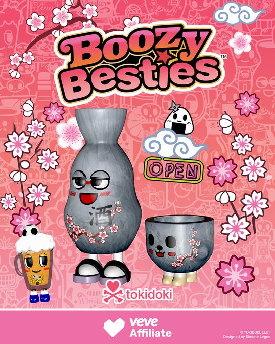 A 'Boozy Besties' tokidoki promotional graphic featuring a cute sake bottle character, beer mug, and cup with cherry blossom decorations on a pink background, branded as a veve Affiliate.
