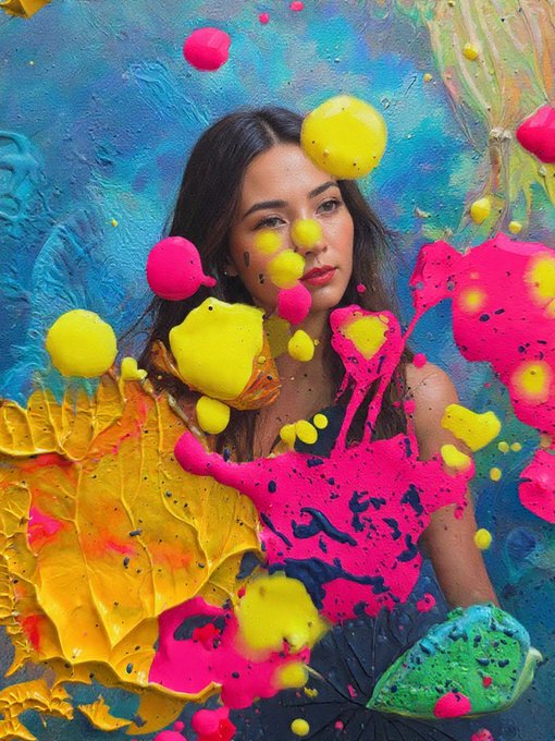 A young woman with long brown hair is partially obscured by vibrant splashes of pink, yellow, and blue paint, creating a surreal fusion of portraiture and abstract expressionism that visually embodies the artist's blend of traditional acrylic painting with AI-generated elements as shared in her Tezos Tuesday celebration post.
