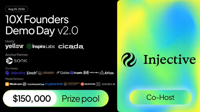 Promotional graphic for '10X Founders Demo Day v2.0' dated Aug 25, 2026, hosted by Yellow, Inspira Labs, and Cicada, with Sonic as Anchor Partner, and Injective highlighted as a Co-Host, featuring a $150,000 prize pool.