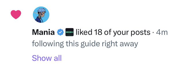 An Instagram notification indicating that the verified user 'Mania' with the Moxie logo liked 18 of your posts 4 minutes ago, with the message 'following this guide right away' and a 'Show all' link.