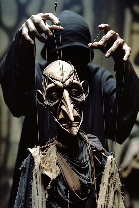 A dark, atmospheric photograph of a hooded puppeteer manipulating strings attached to an eerie, elongated mask puppet with hollow eyes.