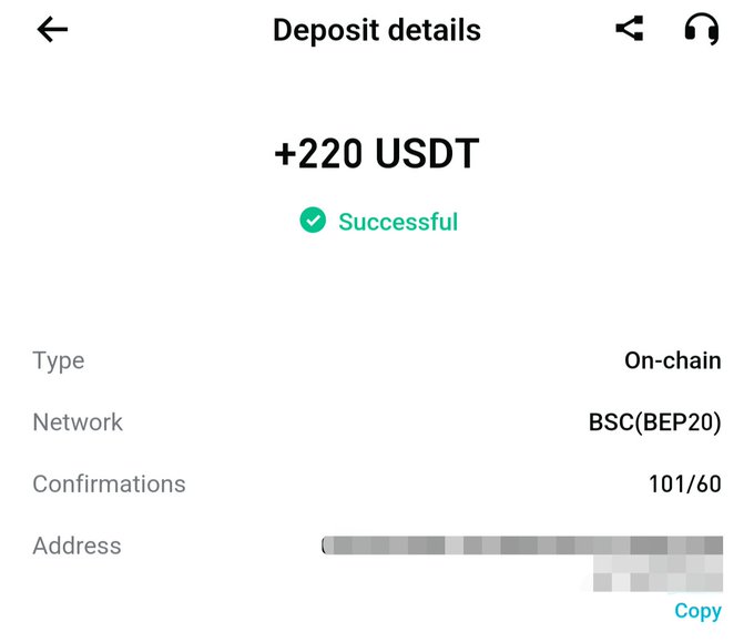 A screenshot of a successful crypto wallet deposit showing +220 USDT confirmed on the BSC (BEP20) network, complementing the post's celebration of easy Web3 earnings.