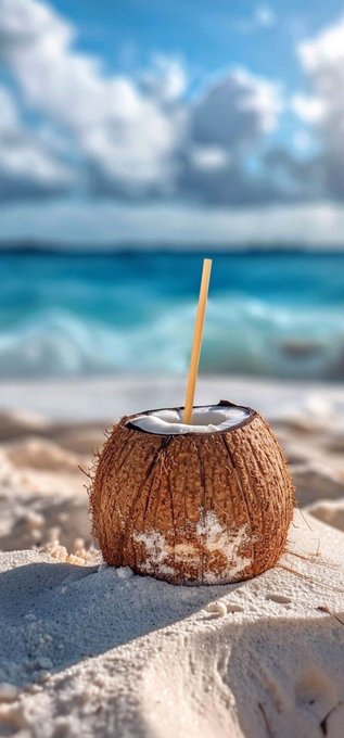 The image features a coconut sitting on a sandy beach near the ocean. The coconut appears to be partially filled with coconut water or coconut milk, which suggests that it might have been used as a refreshing drink during a beach outing. The background of the photo shows the vast expanse of the ocean and the sky, creating a serene atmosphere for enjoying the beach experience.
