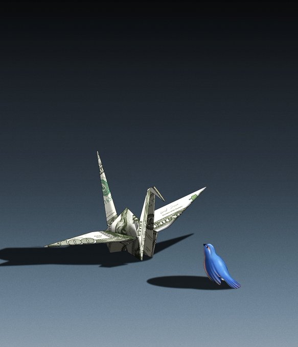 An origami crane made from a US dollar bill sits next to a small blue bird figurine against a dark background.