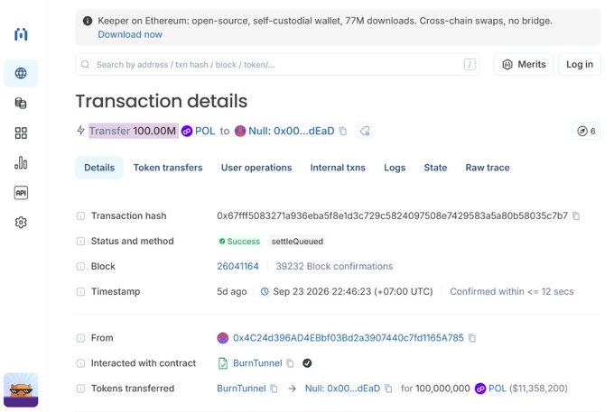 A screenshot of a blockchain transaction details page showing a successful 'Transfer 100.00M POL to Null: 0x00...dEaD' transaction involving BurnTunnel, with a timestamp of Sep 23 2026.