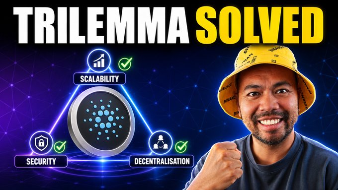 The image features a man wearing a yellow hat with the text "Trilemma Solved" written above his head. The background of the image shows a blue triangle, which has three different icons representing security, decentralisation, and scalability. These icons are arranged in a triangular formation around the man's face, emphasizing the connection between these concepts to the Trilemma problem.