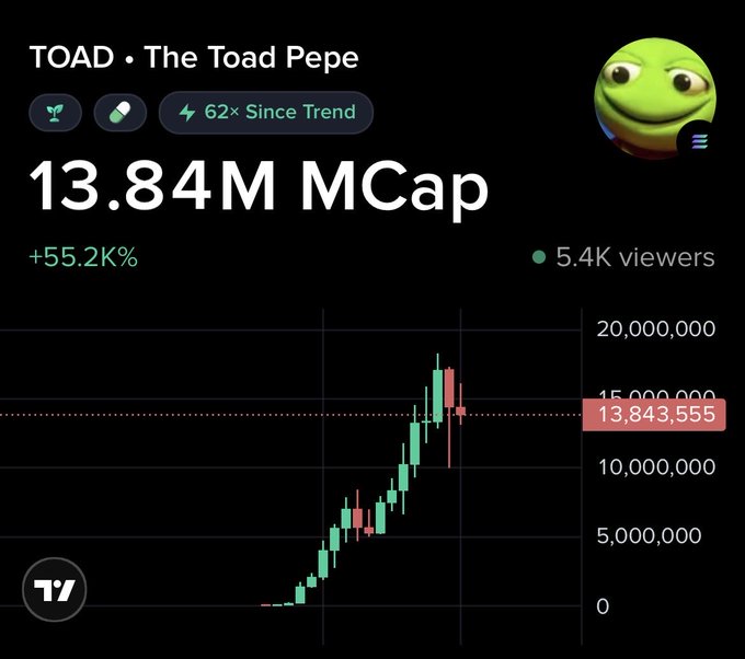 A trading chart for TOAD (The Toad Pepe) meme coin showing a 13.84M MCap, +55.2K% gain, and 5.4K viewers, with a green Pepe the Frog icon.