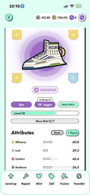A mobile game screen showing an Epic level 20 sneaker NFT with attributes: Efficiency 60.8, Luck 29.3, Comfort 45.4, Resilience 56.5, and a Jogger type (4-10 km/h).