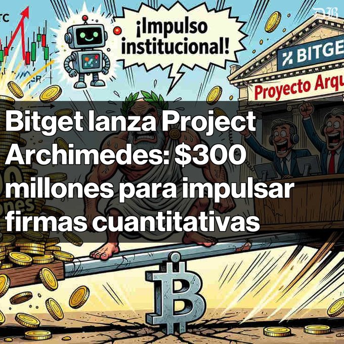 A cartoon-style promotional graphic with text reading 'Bitget lanza Project Archimedes: $300 millones para impulsar firmas cuantitativas' and '¡Impulso institucional!', featuring a Bitcoin symbol and characters celebrating amidst gold coins.