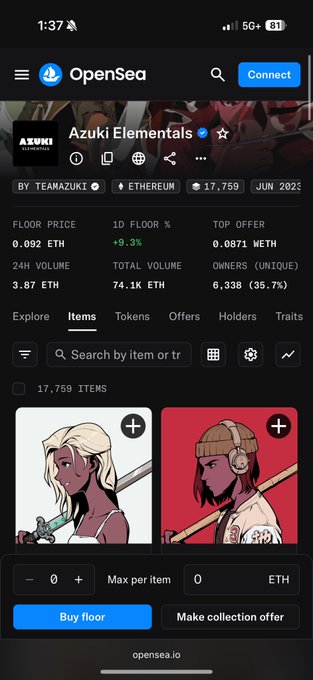 OpenSea mobile app showing the Azuki Elementals NFT collection with 17,759 items, a floor price of 0.092 ETH, and a 1D floor change of +9.3%.