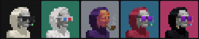 Five pixel-art portraits show a figure in various color schemes, with the third image depicting the character smoking a pipe.