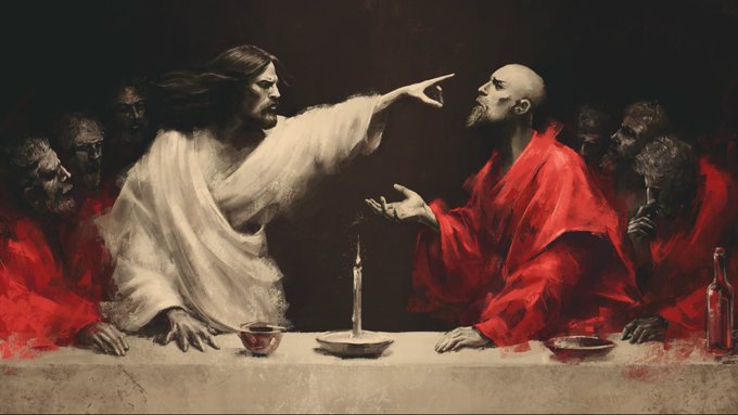 A dramatic painting styled like 'The Last Supper' showing a white-robed figure pointing at a bald man in a red robe across a table, surrounded by other onlookers.