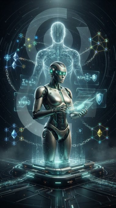 A futuristic illustration of a female robot wearing a glowing green visor, analyzing holographic data and shields, standing in front of a massive ghostly human hologram.