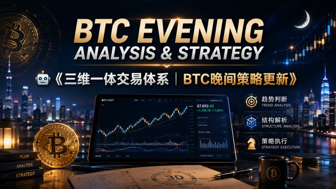 The image is a promotional thumbnail for "BTC Evening Analysis & Strategy" featuring a trading chart showing BTC at 67,892.45 (+1.89%), with a physical Bitcoin coin, and Chinese text referencing a "Three-in-One Trading System" with trend analysis, structure analysis, and strategy execution—setting up a market analysis discussion contrasting the post's news of BTC surging to 64,500 on weak US ADP jobs data (44K vs. 65-70K expected) and whether it can hold support.