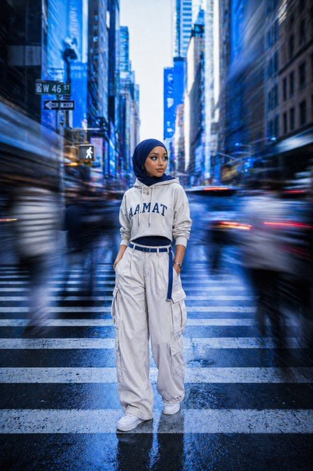 A young woman wearing a hijab and a white tracksuit with 'AMAT' on the hoodie stands on a crosswalk in a blurred, busy city street near the 'W 46 ST' sign.