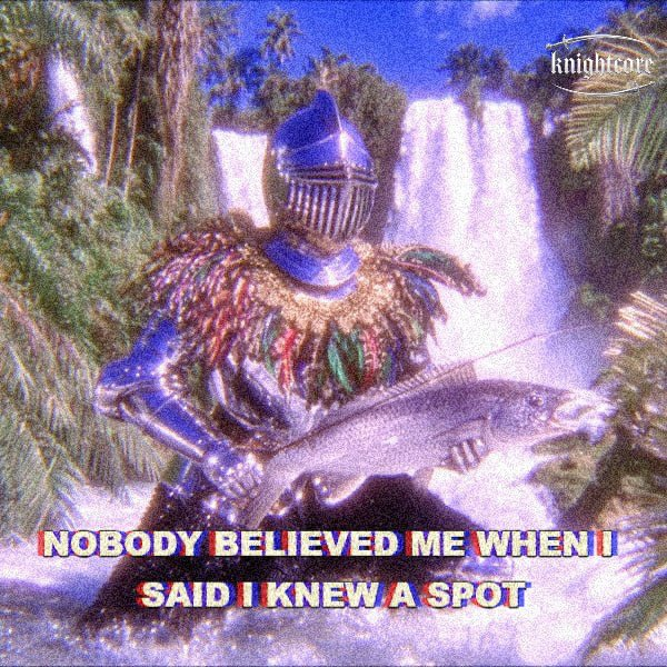 The image shows a knight in shining blue armor holding a freshly caught fish in front of a tropical waterfall, with the caption "NOBODY BELIEVED ME WHEN I SAID I KNEW A SPOT" and a "knightcore" watermark. The meme humorously relates to the post about $KNIGHT by visualizing the "knowing a spot" phrase through a medieval knight proudly displaying his trophy from a prime fishing location.