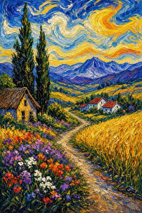 A vibrant Van Gogh-style post-impressionist painting of a rural landscape featuring a cottage, tall cypress trees, a winding path, wildflowers, wheat fields, and a swirling starry sky over distant mountains.