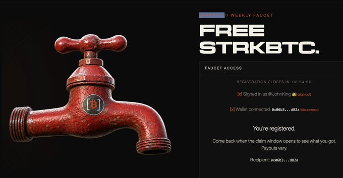 A website screenshot promotes 'FREE STKBTC.' from a 'WEEKLY FAUCET' featuring a red faucet, noting 'REGISTRATION CLOSES IN: 06:54:50' with various sign-in options.
