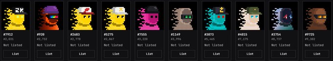The image shows a row of 10 pixelated CryptoPunks-style NFTs, each with an ID number ranging from #7912 to #9725 (with listed prices like #2,021, #2,732, #2,775, #2,867, #3,545, #3,895, #4,445, #4,075, and #5,770), all marked as "Not Listed." This visually illustrates the poster's achievement of completing a 15-day challenge to trade 1 NFT into 10 through over 750 buy-and-sell transactions on Zilkroad, as referenced in the accompanying post about ZEC and zksnarks.