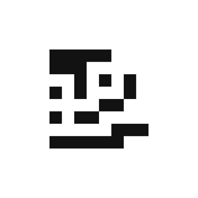 A black pixel-art style logo or icon on a white background, featuring abstract geometric shapes arranged in a grid-like pattern.
