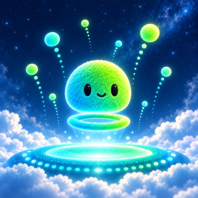 A fluffy turquoise-and-green cartoon creature with a smiling face floats above a glowing UFO-like disc amid clouds and a starry night sky, surrounded by floating glowing spheres.