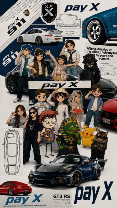 A collage-style graphic featuring anime characters, cars, and cats overlaid with "pay X" branding, Porsche car schematics, "GT3 RS" text, and the tagline "AFTER EVERYTHING THAT HAS BEEN SETTLED SHOULD CONTINUE."